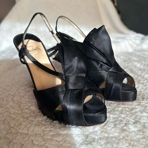 Christian Louboutin Black Satin Peep-Toe Heels